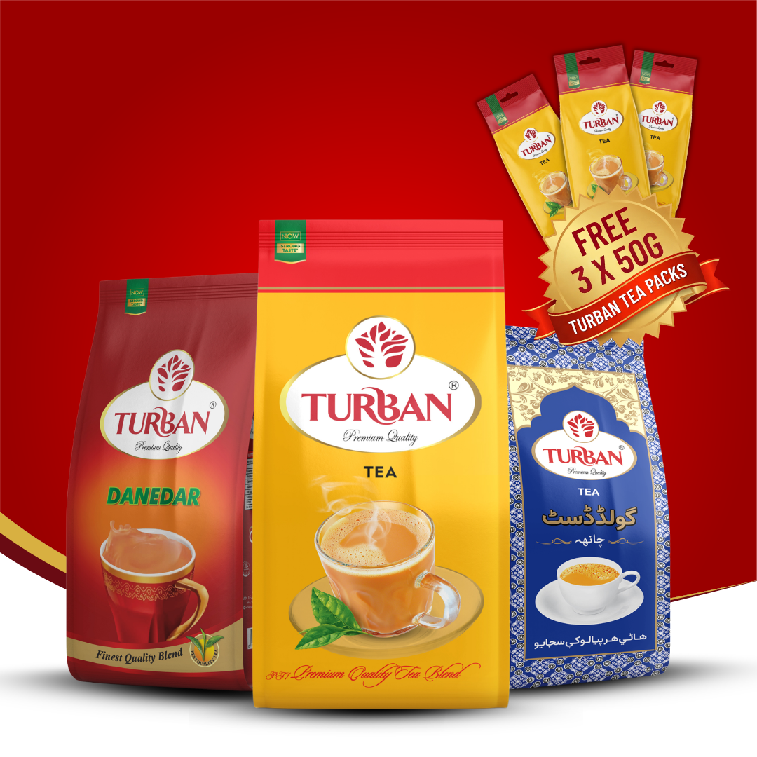 Turban Family Tea Bundle – Turban Tea 430g + Turban Danedar 430g + Turban Gold Dust 350g | Get 3 x 50g Packs FREE